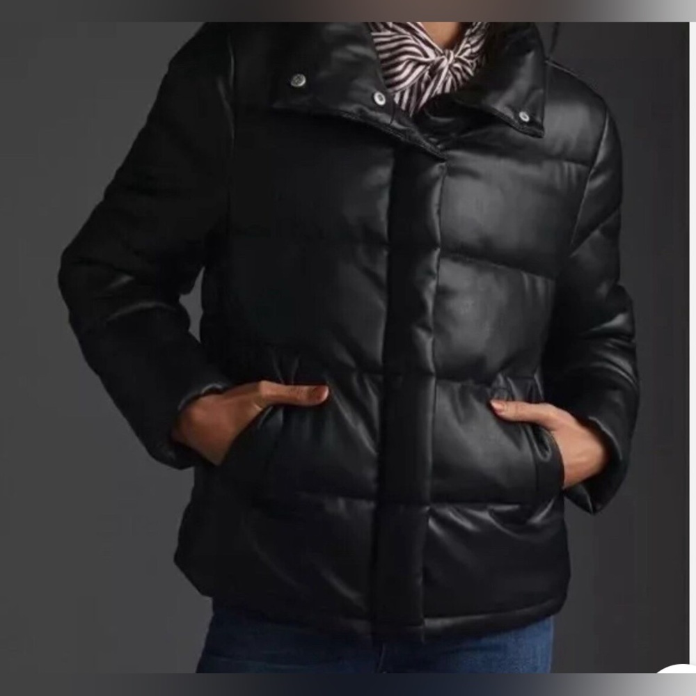 7 For All Mankind Solid Black Vegan Leather Puffer Jacket Medium.